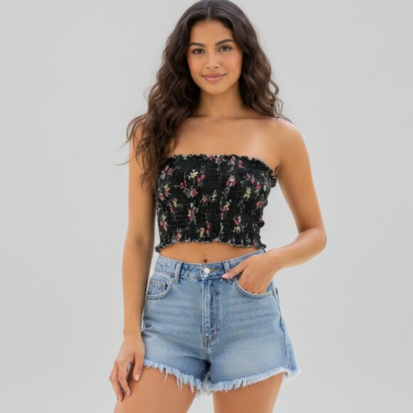 Garage Women’s Floral print Smocked Tube Top Cropped Bandeau Cotton Black Medium - Picture 1 of 13